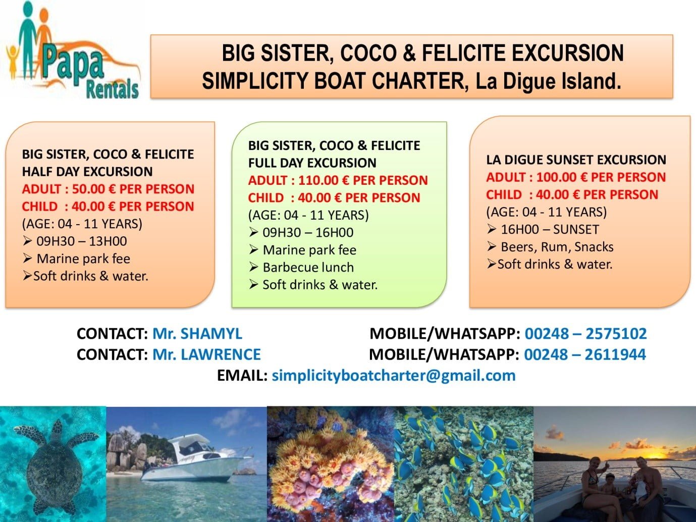 Excursion With Simplicity Boat Charter, La Digue Island Papa Car Rental Seychelles